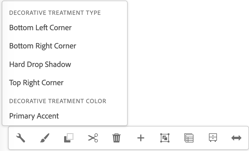List of decorative treatment types available in drop-down menu including bottom left corner, bottom right corner, hard drop shadow, top right corner