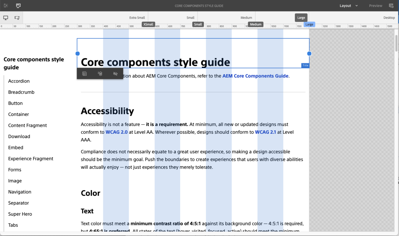 Screenshot of the responsive authoring view and the AEM responsive authoring grid split between the secondary navigation component and page content.