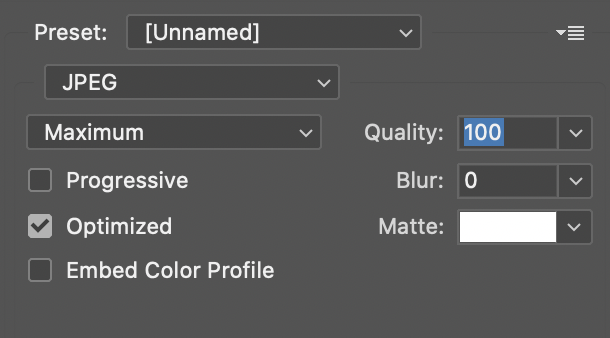 Screenshot of the “Save for Web (Legacy)” Photoshop window with the “Optimized” checkbox option selected.
