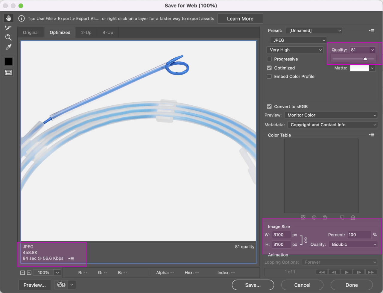 Screenshot of the “Save for Web (Legacy)” Photoshop window, highlighting the “Quality” selector, the “Image Size” input, and the file size.