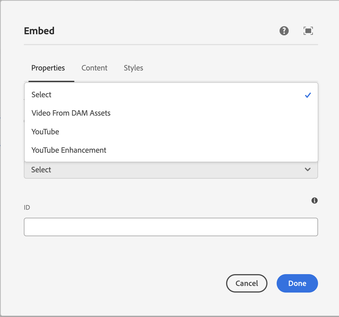 Embed dialogue box showing the options available under the properties drop-down menu